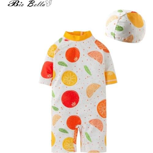 Children Baby Girls Swimsuit Mid Sleeve Fruit Print Swimming Bathing New Summer Bathing Swimwear With Cap Fashion Kids Swimwears