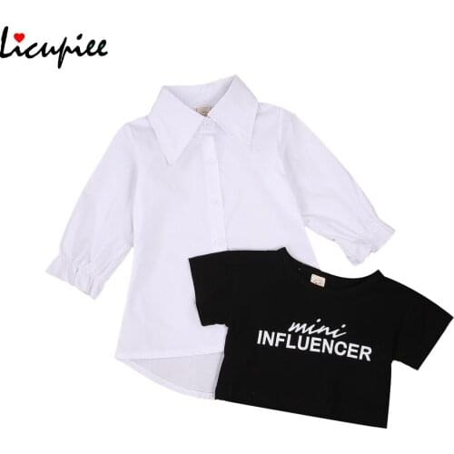 Fashionable Kids Skirt Suit, Long Sleeve Lapel Collar Shirt with Round Neck Short Sleeve Shirt Top Mini Skirt Summer 1-5 Years