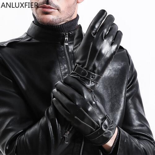 H10059 Men PU Leather Gloves Autumn Winter Riding Thickened Warm Black Hand Muff Male Waterproof Windproof High Quality Mittens