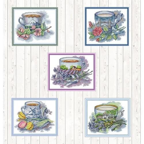 French Teacup of Counted Dmc 14ct 11CT Cross Stitch DIY Embroidery Needlework Sets Needlepoint Wall Home Decor Cross Stitch Kits