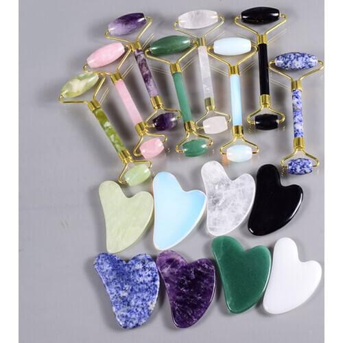 Facial Massager Jade Roller and Gua sha Set Natural Rose Quartz Gouache Scraper Jade Massager Tool Slimming Face Wrinkle Removal