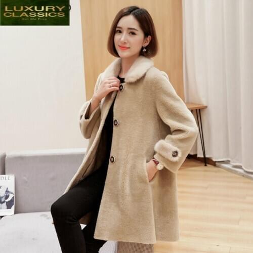 Real Mink Fur Parka Coat Autumn Winter Natural Sheep Shearing Coats Female 100% Wool Jacket Women Long Clothes LWL1360