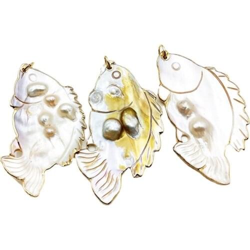 Hand carved fish shape oyster pearl pendant Mother of Pearl Big Freshwater Oyster smooth surface pearl gold color plated charms