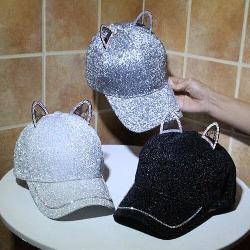 Cute Cat Ear Baseball Cap Lace Bling Bling Rhinestone Fashion Travel Adjustable Closure Stylish Teenagers Girls Daddy Hat