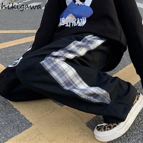 Hikigawa Sweatpants Women Plaid Patchwork Woman Pants Long Loose Straight Men Joggers Vintage Korean Fashion Pantalon Femme