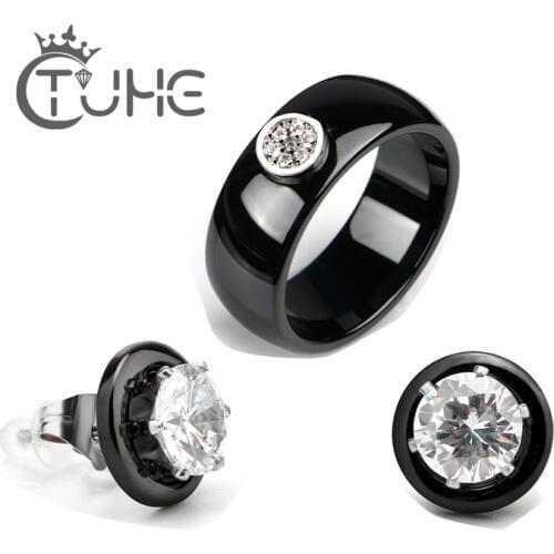Australia Rhinestone Jewelry Sets Jewelry & Accessories 8mm Smooth Ceramic Rings Plus Big Crystal Stud Earrings Set Women Gift