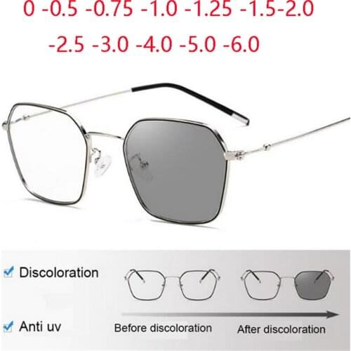 Sun Photochromic Gray Polygon Nearsighted Glasses Unisex Metal Short-sight Prescription Eyeglasses Diopter 0 -0.5 -0.75 To -4.0
