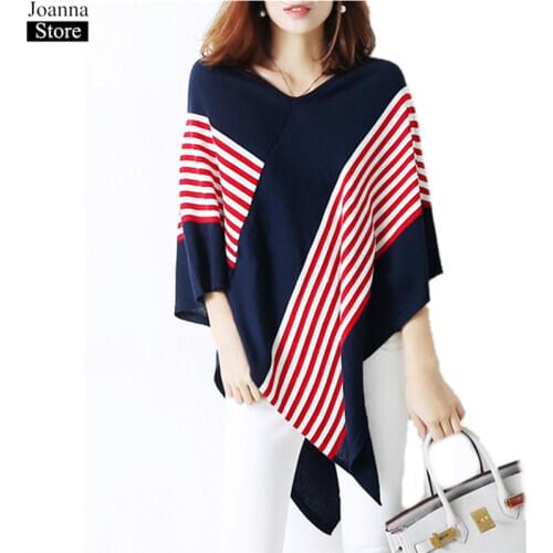 Spring Autumn Striped Splicing Wool Knitting Poncho Women O-neck Irregular Sleeveless Vintage Cape Loose Plus Size Cloak Female
