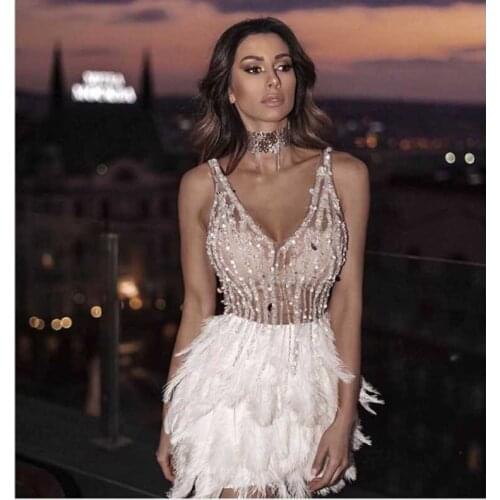 Wholesale 2020 summer womans dress White feather V-neck Sexy club celebrity cocktail party bandage dress