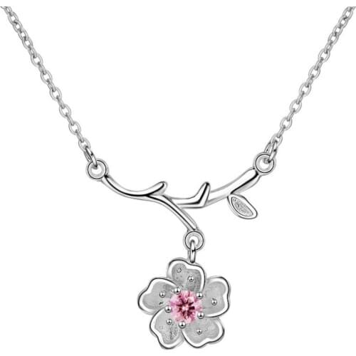 925 Sterling Silver Sweet Tree Branch Cherry Blossoms Pendant Necklaces For Women Trend Short Clavicle Chain Gifts Jewelry N235