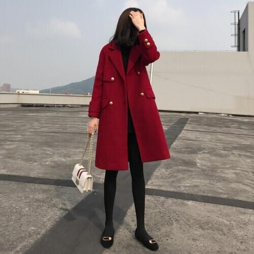 Womens autumn and winter woolen coat suit collar mid-length woolen coat burgundy black dark blue