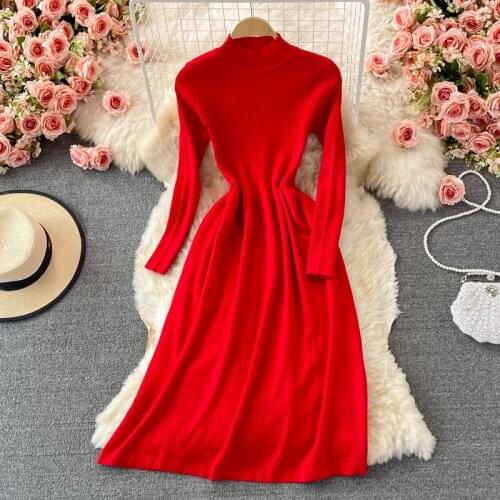 SINGREINY Women Korean Knitted Dress Stand Collar Long Sleeve A-line Dresses 2021 Autumn Winter Fashion Streetwear Sweater Dress