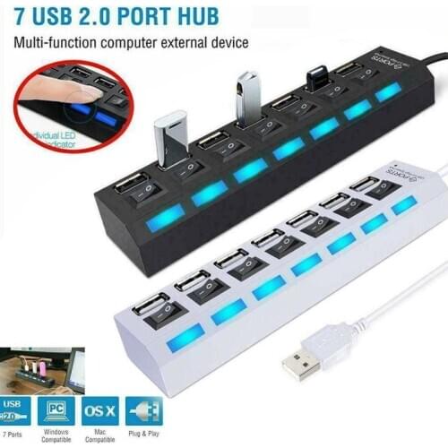 1Pc 7 Ports USB 2.0 HUB Multi USB Splitter Expander Multiple Hab Use Power With On/Off Switch For PC Laptop Adapter Charger 2021