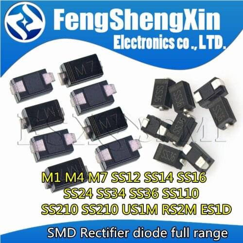 100pcs SMA Rectifier diode 1N4001 M1 1N4004 M4 1N4007 M7 FR107 RS1M FR207 RS2M HER108 US1M SF18 ES1J SF14 ES1D DO-214AC schottky