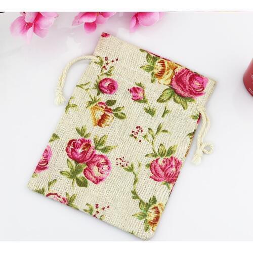 13x18cm Cotton Jewelry Bag 100Pcs/lot Ethnic Drawstring Gift Bag Pink Flowers Wedding Boutique Jewelry Packaging Bags Pouches