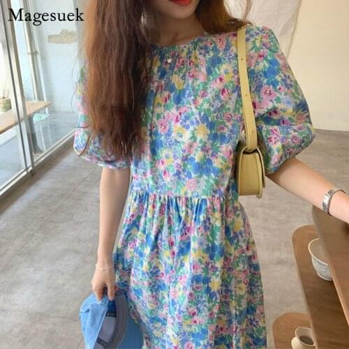 2021 Oil Panting Flower Summer Dress Sweet O Neck High Waist Long Dress Puff Sleeve Pullover Pleat Dresses Woman Clothing 14540