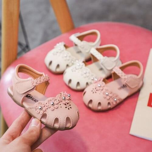 2021 Fashion Summer Kids Sandals Baby Girls Flower Beading Princess Sandals Children Closed Toe Beach Sandals Girls Shoes 0-2Yea