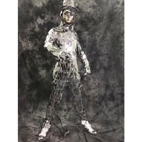 Sexy Male Singer Sequin Bodysuits ds Lens Oblique Silver Star Mirror Costume Mens Performance Party Dance Show Bodysuit with Hat