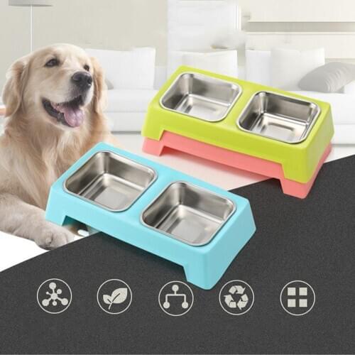 Stainless Steel Double Dog Bowl Cat Feeder Puppy Feeding Water Food Bowls Kitten Drinking Water Dishes Dogs Container Supplies