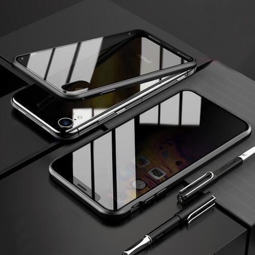 Double-Sided Magnetic Adsorption Shockproof Metal bumper case AntiSpy Privacy Tempered Glass Screen Protector For iPhone X XS