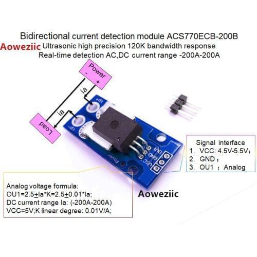 Bidirectional Current Sensor module ACS770ECB-200B 120 kHz Bandwidth AC, DC: -200-200A 0.01V/1A