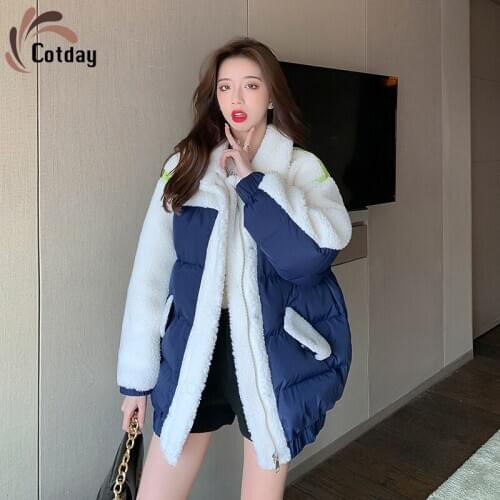 Cotday Single Breasted Patchwork Cotton Women Winter Thickening 2020 New Lambs Wool Student Cotton High Street Loose Jacket Coat