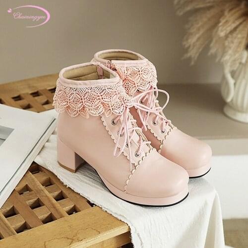 Sweet Princess style round toe winter warm ankle boots fashion lace-up zipper medium heel thick snow boots womens shoes