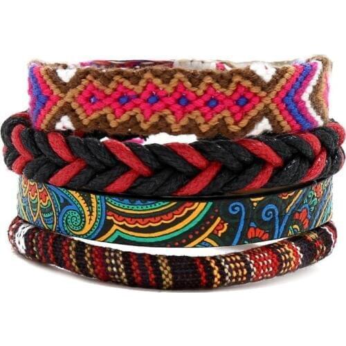Fashion Boho Women Bracelet Cuff Handmade Braided Rope Leather Ethnic Charm Bangle Female Casual Wristbands Set Bohemian Jewelry