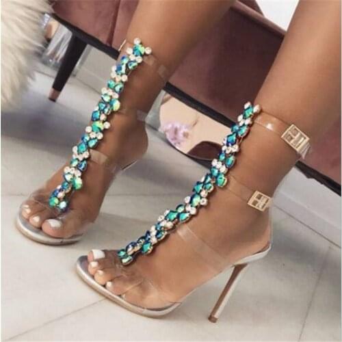 New Summer sandals women Buckle Strap Luxurious Blue Crystal Chain Transparent PVC High Heel 11cm OpenToe Sexy Sandals Shoes