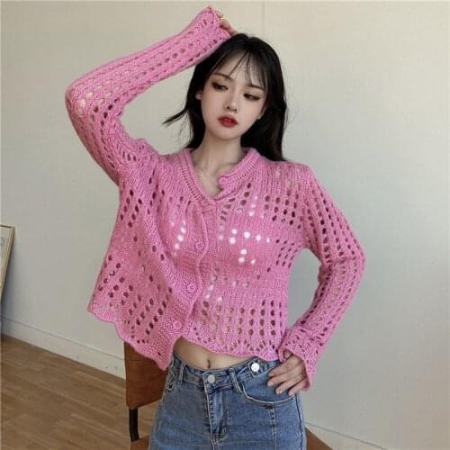New Style Short Top Hollow Thin Long-sleeved Knitted Cardigan Soft Fabric Outer Short Top
