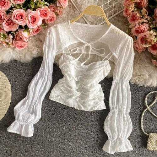 Solid White Mesh summer crop top women V Neck chest Lace Up Sexy Club tank top Ruched Flare Sleeves Slim woman tops 2021