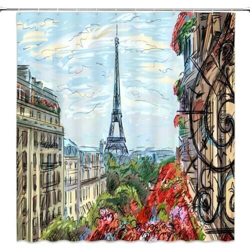 Paris Tower Bathroom Curtains Shower Curtain Waterproof Polyester Cloth Home Decoration Bath Curtains With 12 Hooks