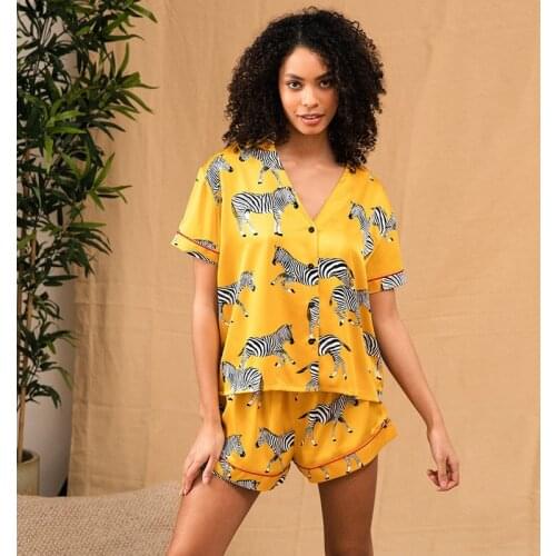 QWEEK Satin Pyjama Pour Femme Animal Print Womens Home Clothes Suits with Shorts Sexy Pajamas Sleepwear Nightwear Two Piece Set