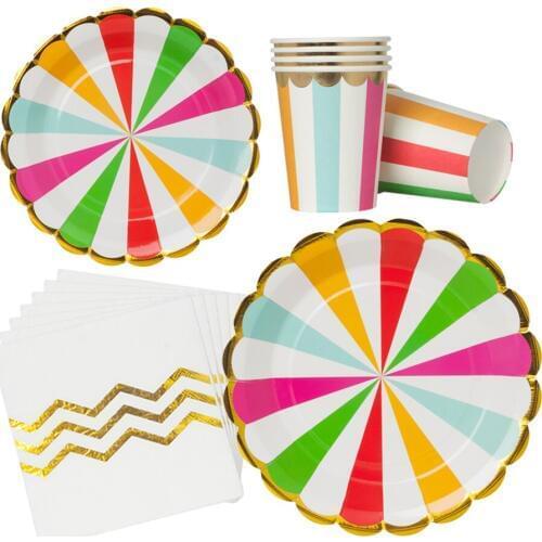 Rainbow lollipop bronzing Windmill rotating circle shape Disposable tableware Paper cup plate napkin birthday party baby shower