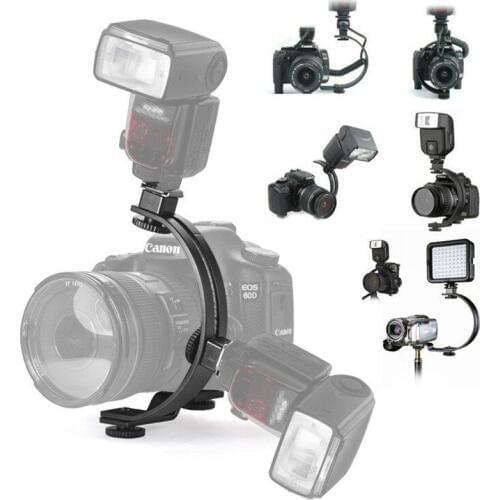 Adjustable C-Shape Two Flash Hot shoe Bracket Holder Mount Stand for LED Video Light DSLR Camera Speedlite