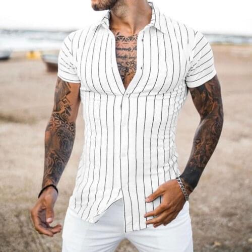 Fashion Slim Fit Dress Shirt For Men Spring Summer Men Clothing Casual Slim Whit Striped Short Sleeve Shirts Vintage Top Blouse