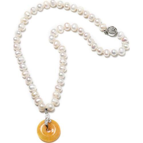 Having 25*6 mm the Shape of an Orange Yellow Copper coin Pendant add Smooth and full Milk yellow Beads 8-9 MM pearl Necklace
