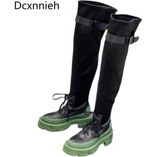 Green Thick Sole Over The Knee Knight Boots Women Belt Buckle Stretch Long Motorcycle Boots Britain Style Thigh High Boots Woman