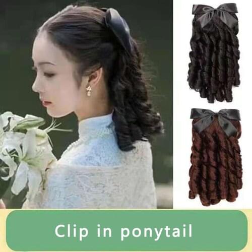 Yihan Synthetic Roman Curly Clip In Ponytail With Court Bow Wig Fritters Wand Curl Soft Hair Cosplay Wig Womens Daily Black