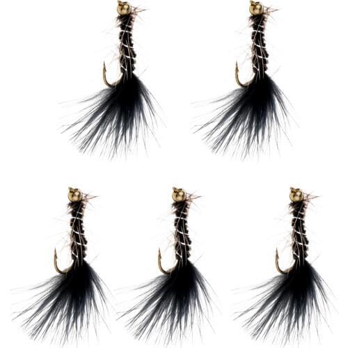 5Pc Hand-tied Streamer Fly Animal Black Wooly Bugger-Bead Head Insects Flies
