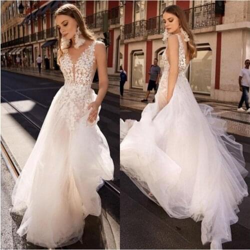 Boho Wedding Dress 2020 Appliqued With Flowers Elegant Tulle Sexy Backless Beach Bride Dress Sexy Wedding Gown Vestido De Noiva