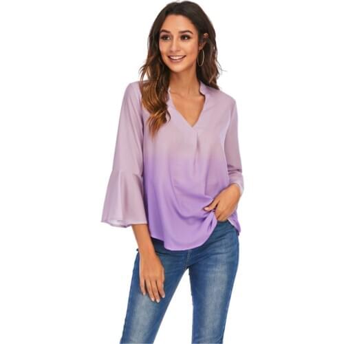 2021 Autumn Summer Casual Blouse Women Top And Blouse Women Shirt Three Quarter Petal Sleeve Blue Solid V-Neck Chiffon Shirt