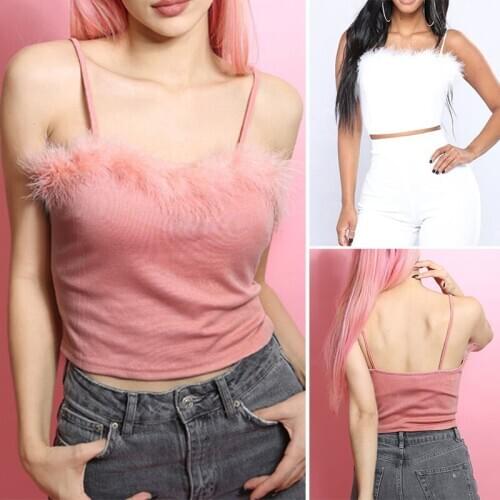 Women Summer Sexy Lace Up Fur Strappy Bandeau Crop Tops Casual Sleeveless Cami Tank Vest Tops