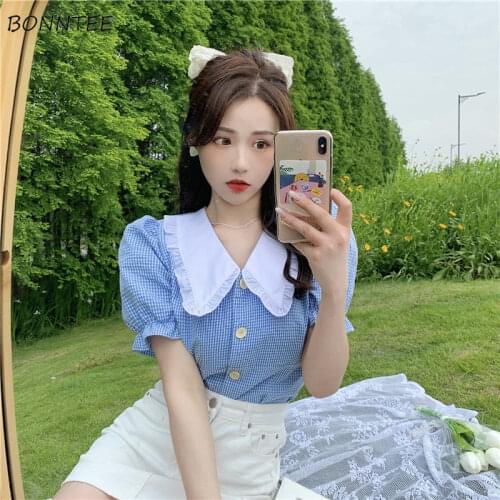 Shirts Women Puff Sleeves Kawaii Simple Plaid Summer Girlish Peter Pan Collar College Casual Korean Style All Match Trendy Ins
