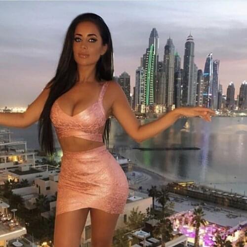 Pink Sleeveless Metallic Foil Cross Elastic Two Piece Set Strap Sexy Girl Women 2020 New Fashion Bandage Dresses pencil skirt