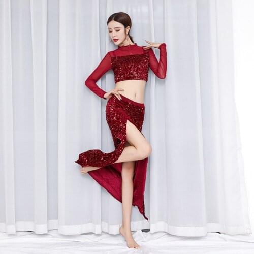 Belly Dance Costume For Women Oriental Bellydance Practice Clothes Sequined Sexy Split Dancing Dress 2-piece Set Girls Dancewear