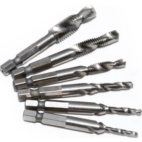 6pcs 1/4'' Hex HSS High Speed Steel Thread Spiral Screw M3 M4 M5 M6 M8 M10 Metric Composite Tap Drill Bit Tap