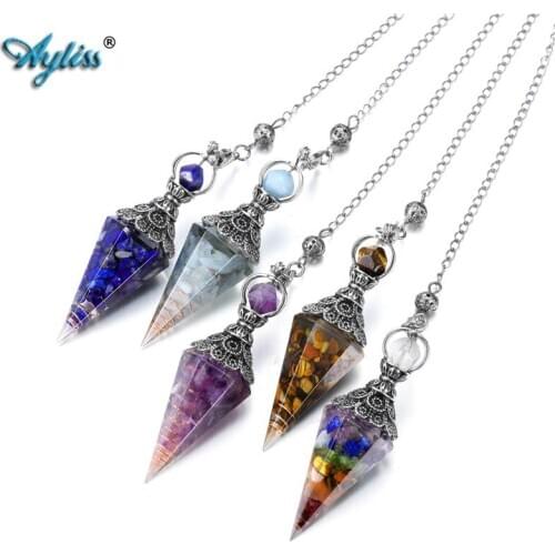 Ayliss Natural Reiki Chip Stones Healing Crystals Pendulums for Dowsing Divination 6 Faceted Hexagon Pointed Cone Resin Pendulum