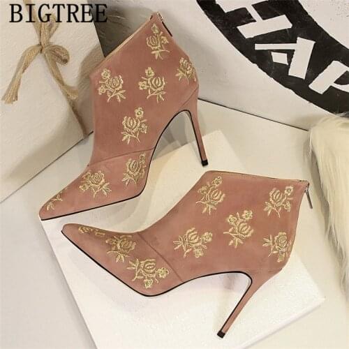 Bigtree Shoes Embroidery Pointed Toe High Heels Booties New Arrival 2020 Pink Boots Nankle Boots For Women Zapatos De Mujer Buty