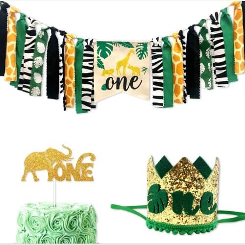 Baby 1st Birthday Decorations Wild One High Chair Banner Boy First Birthday Crown Glitter Cake Topper for Kids Birthday Supplies